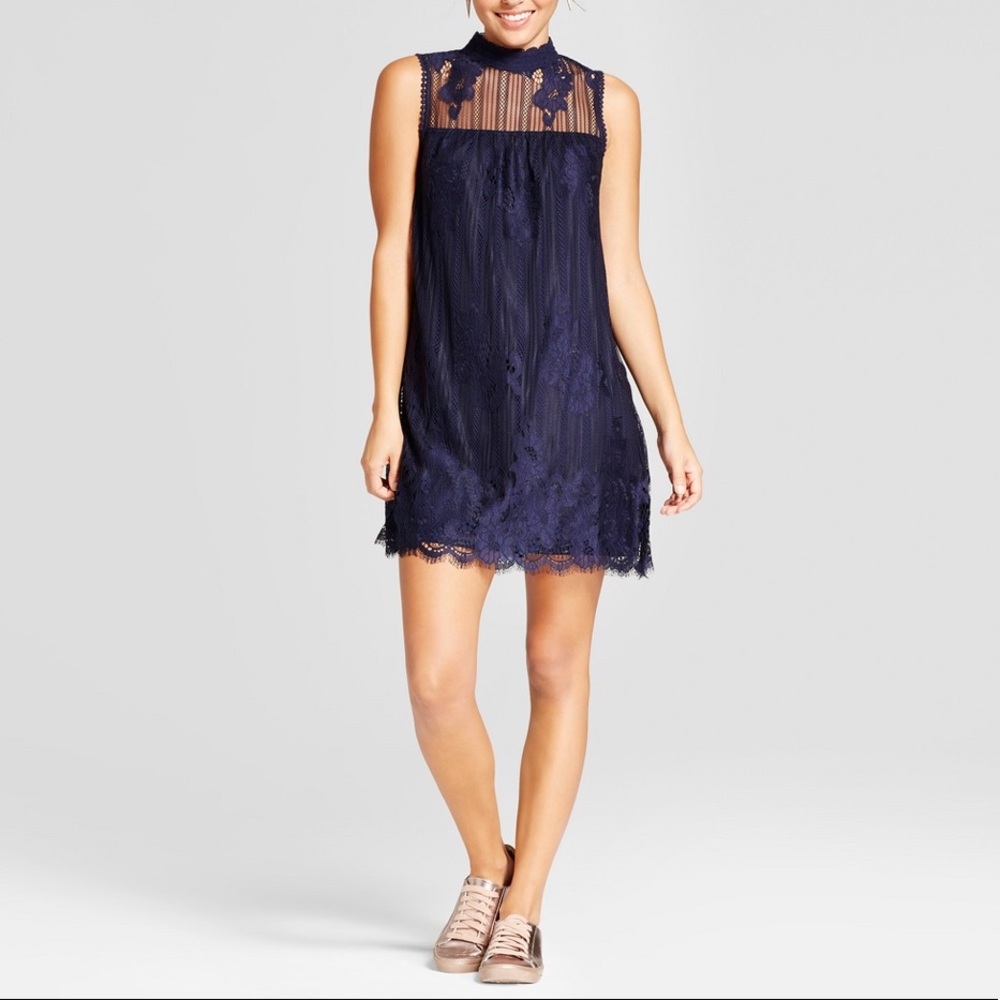 Lace Overlay Navy Dress
